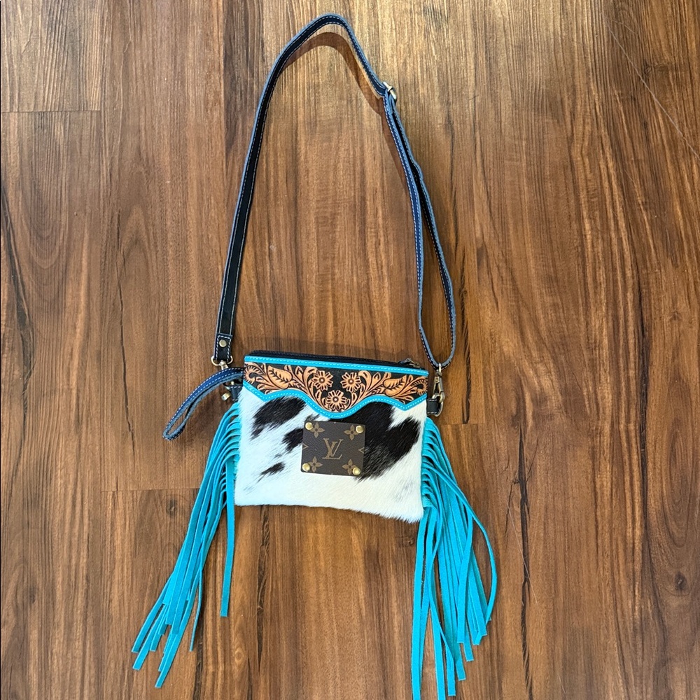 Upcycled Teal and Brown Cowhide Crossbody Bag with Fringe
